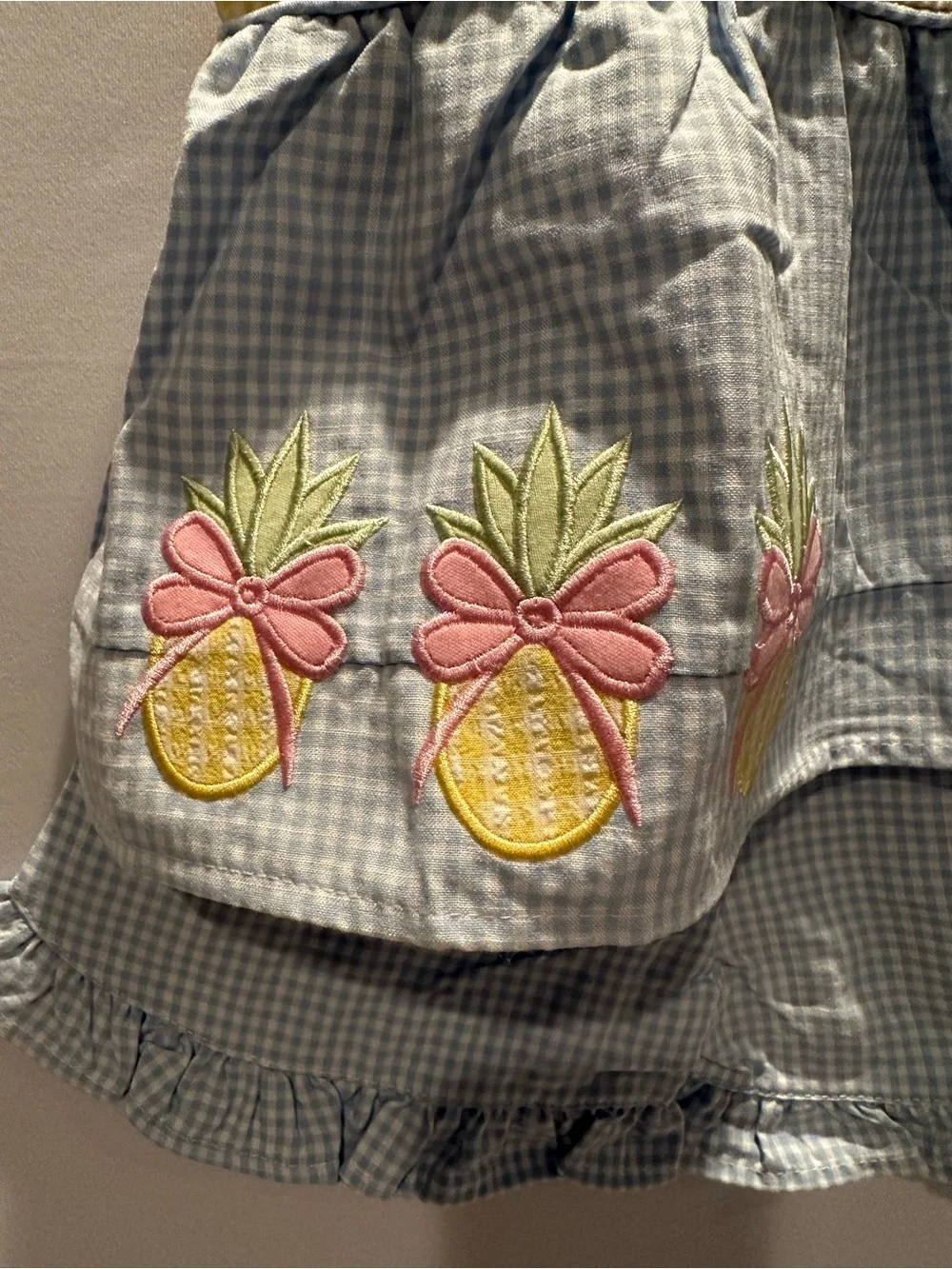 Yellow & Light Blue Gingham Pineapple Pinafore Matching Set with Matching Bow